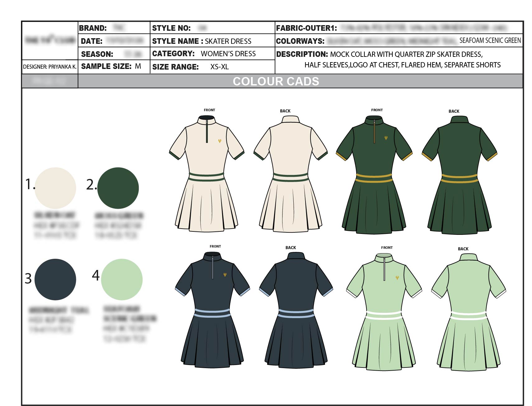 Colour CAD showing four golf skater dress colourways from front and back