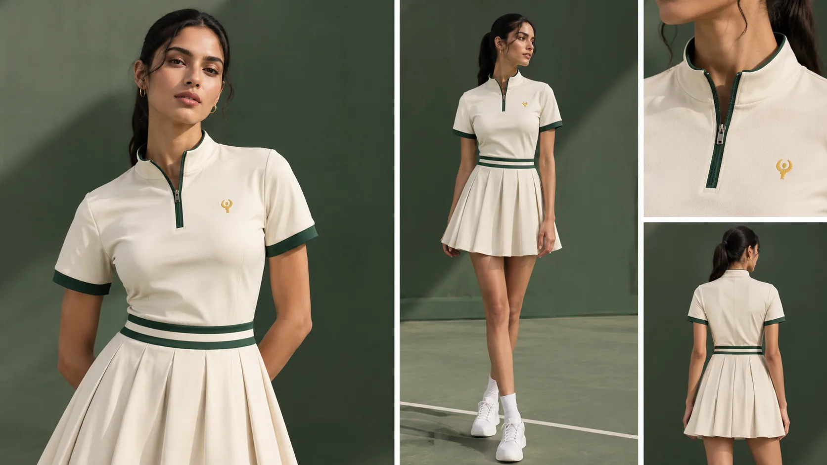 Editorial render showing a model wearing the cream golf skater dress from front, full-body and back views, with a quarter-zip detail