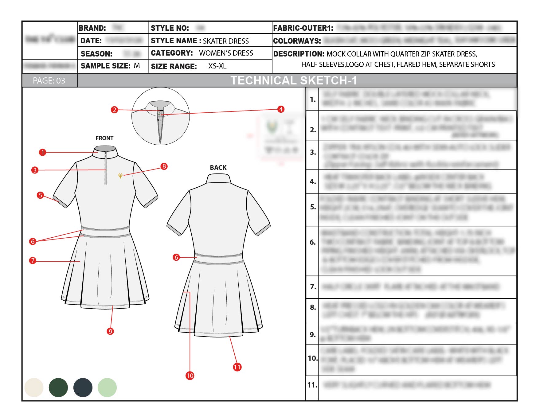 Technical construction sketch for the golf skater dress