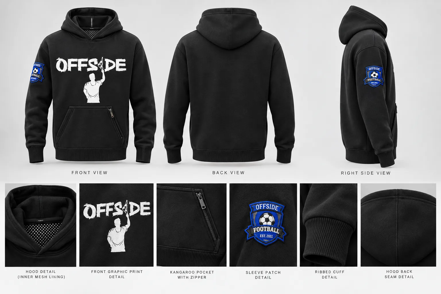 3D render showing the hoodie from front, back and right side with detail views