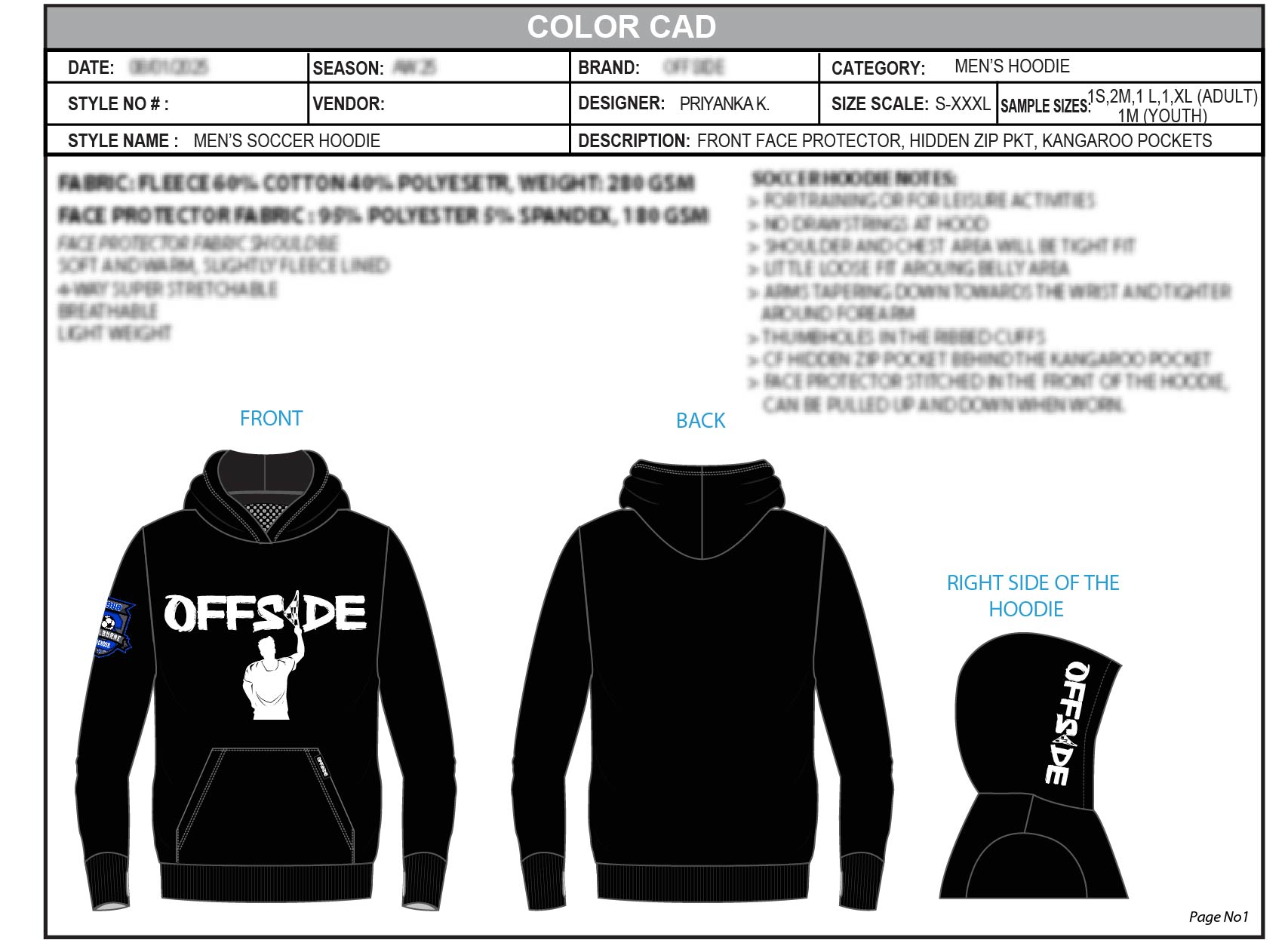 Color CAD showing the men's soccer hoodie from the front, back and right side