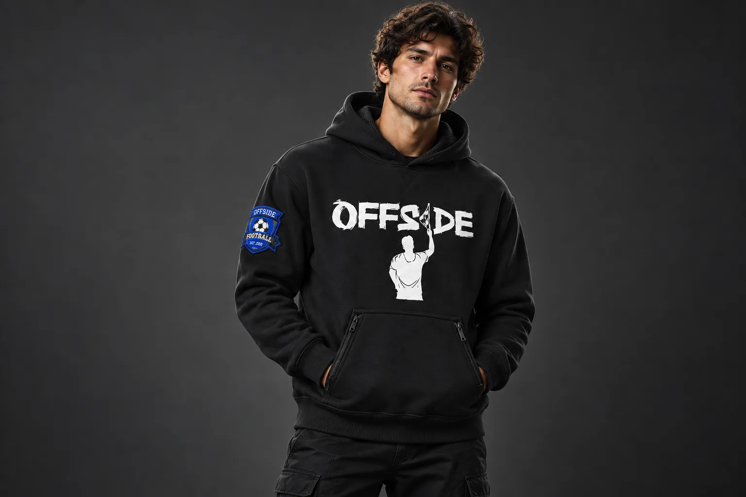 Model wearing the black Offside men’s soccer hoodie