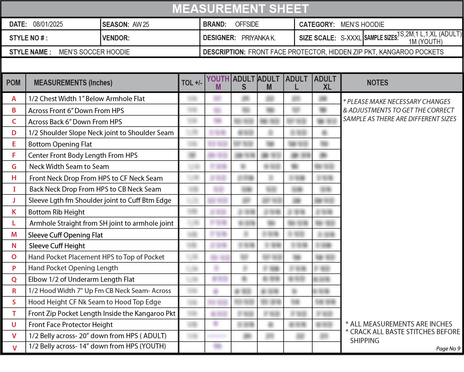 NDA-protected measurement sheet for the hoodie