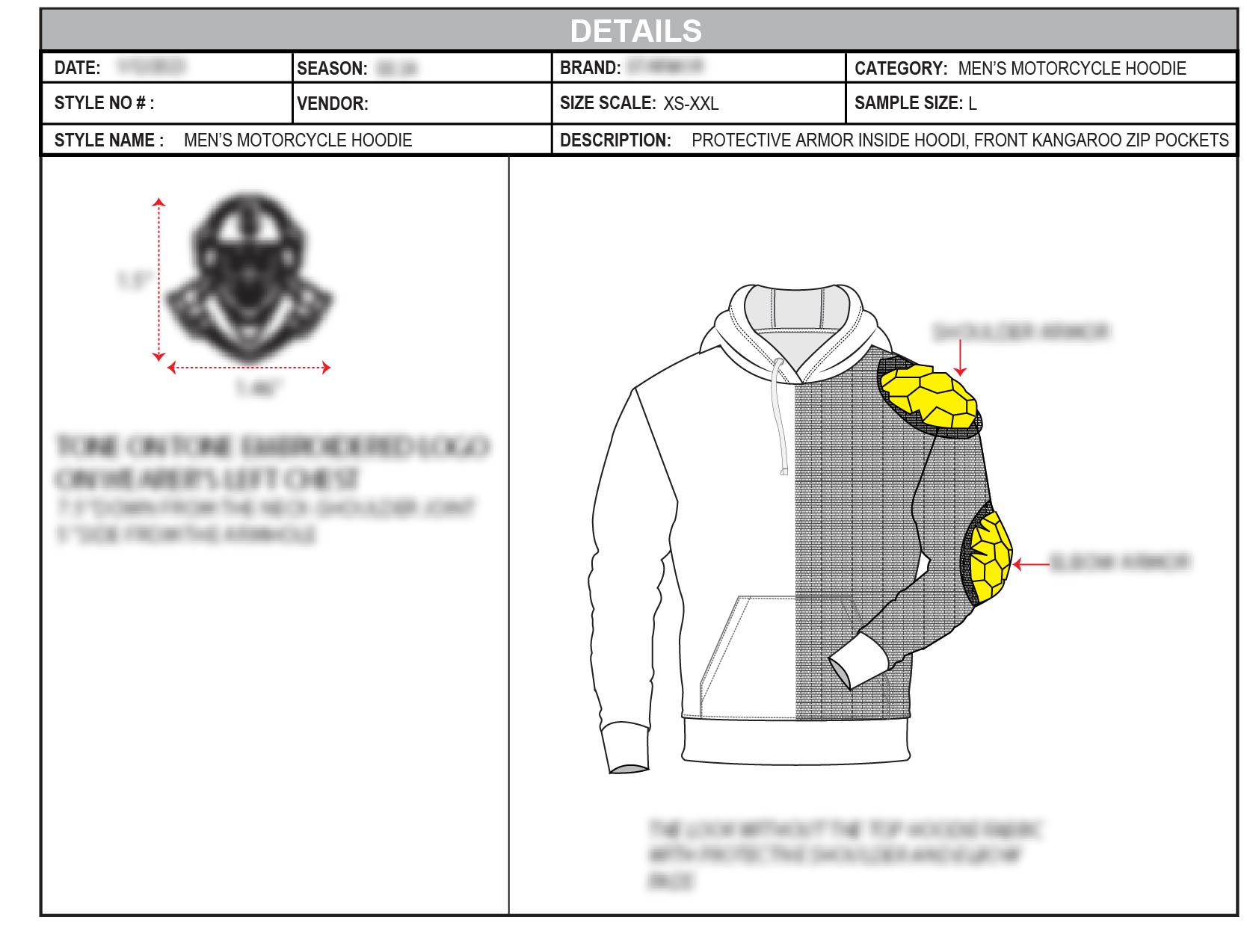 Detail sheet showing protective insert placement at shoulder and elbow