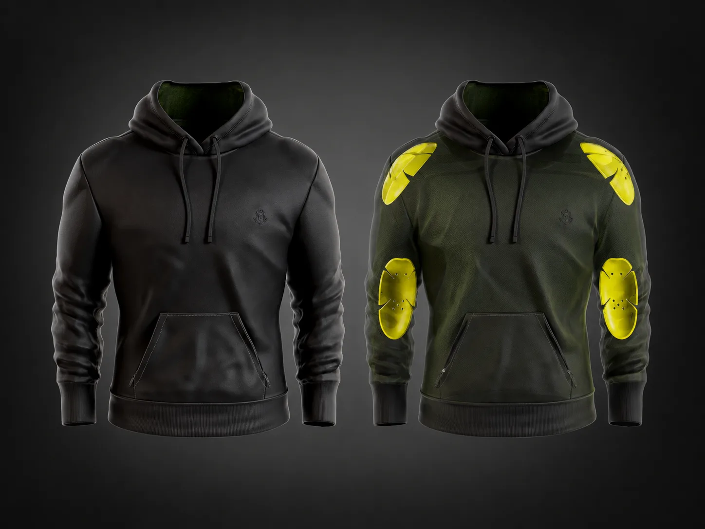 Finished black motorcycle hoodie beside a transparent view revealing its concealed shoulder and elbow armor system