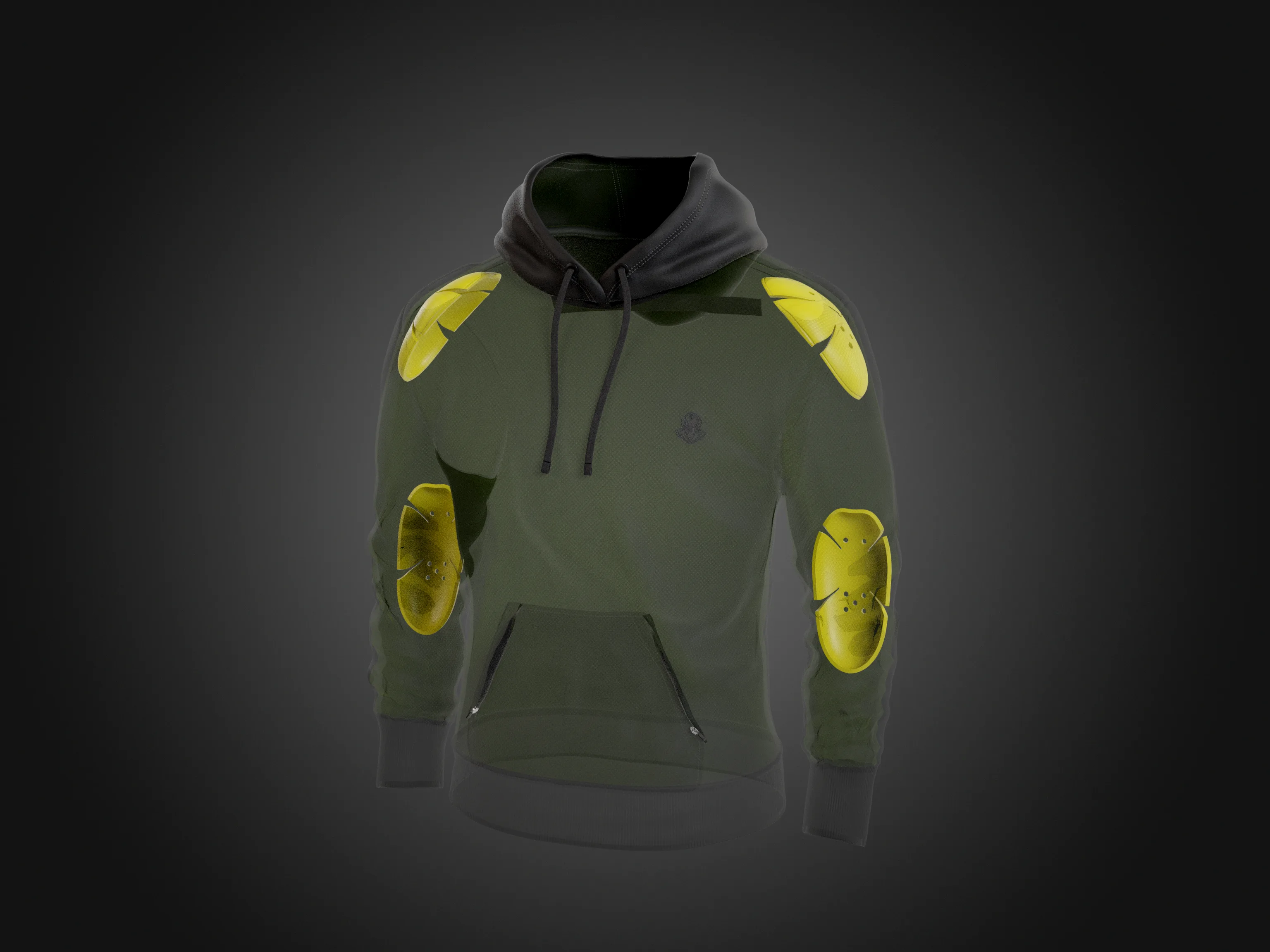 Transparent 3D render showing shoulder and elbow armor positions inside the hoodie