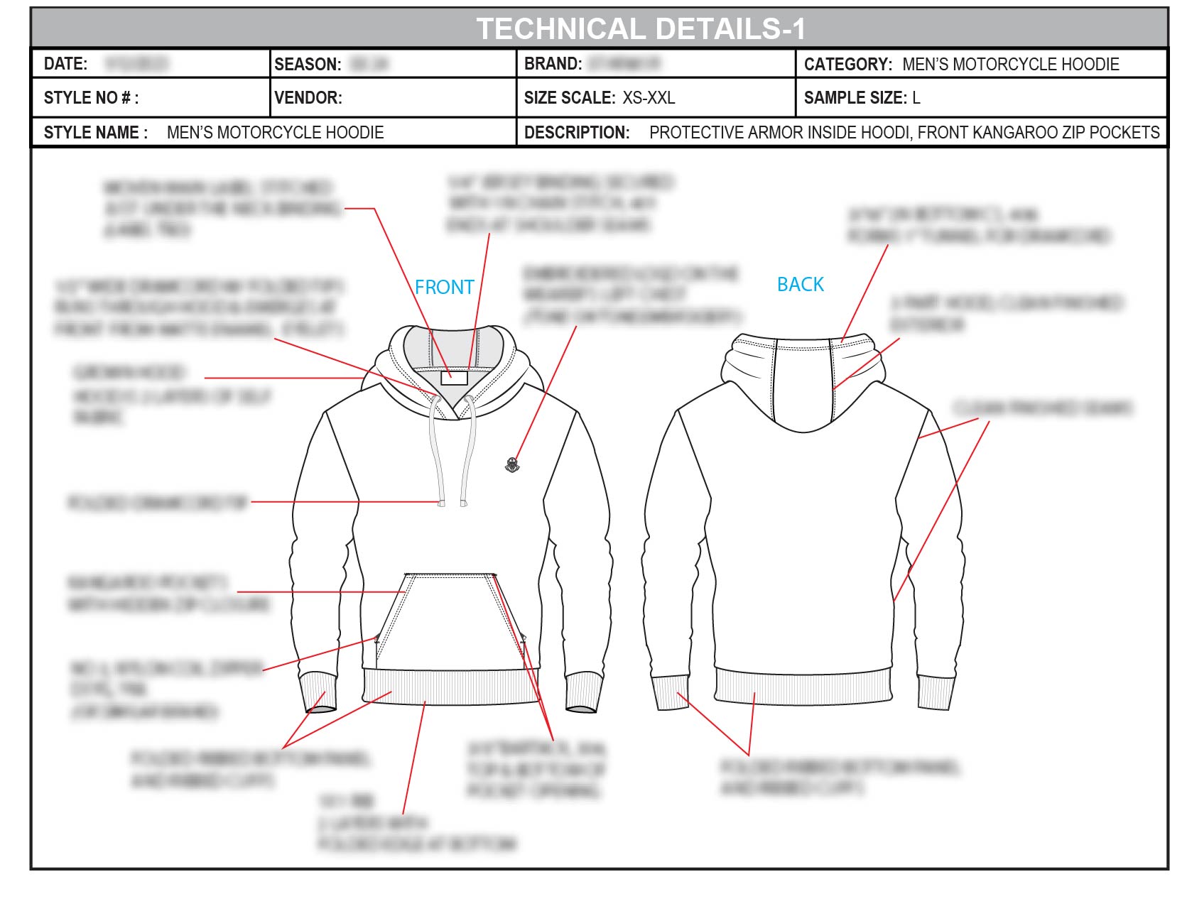 Technical sheet showing exterior front and back construction of the motorcycle hoodie