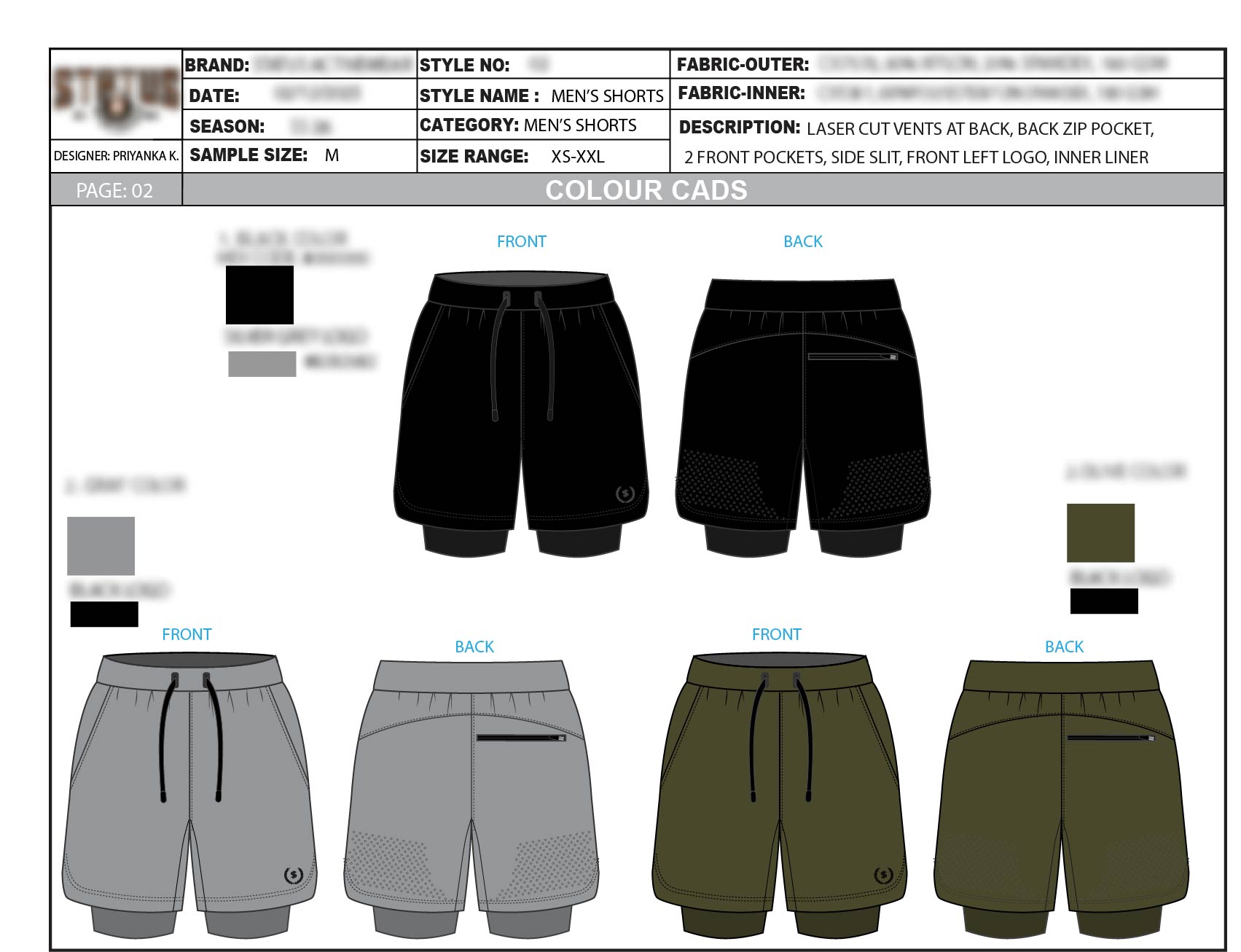 Colour CAD showing three front and back colourways of the two-layer performance shorts