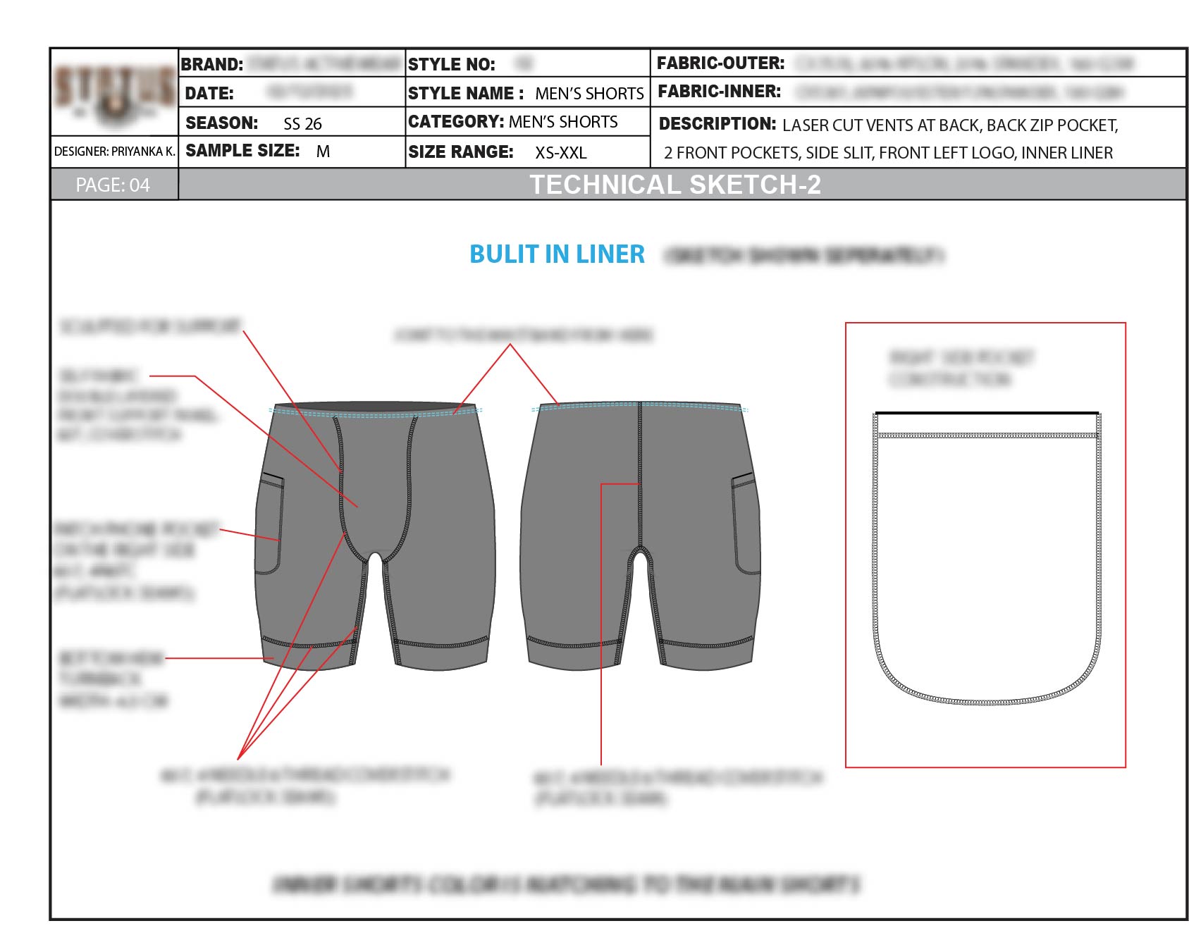 Technical sketch showing front and back construction of the built-in liner and its pocket