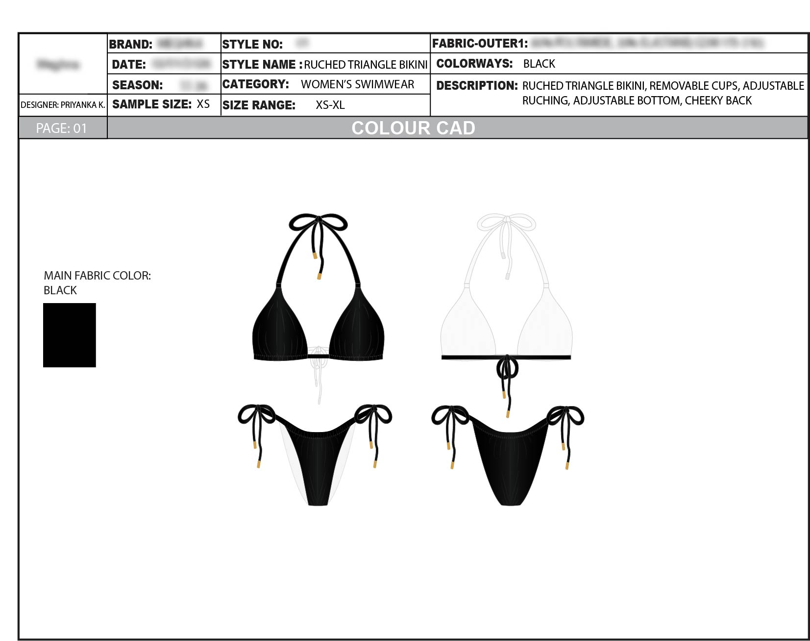 Colour CAD showing front and back views of the black ruched triangle bikini