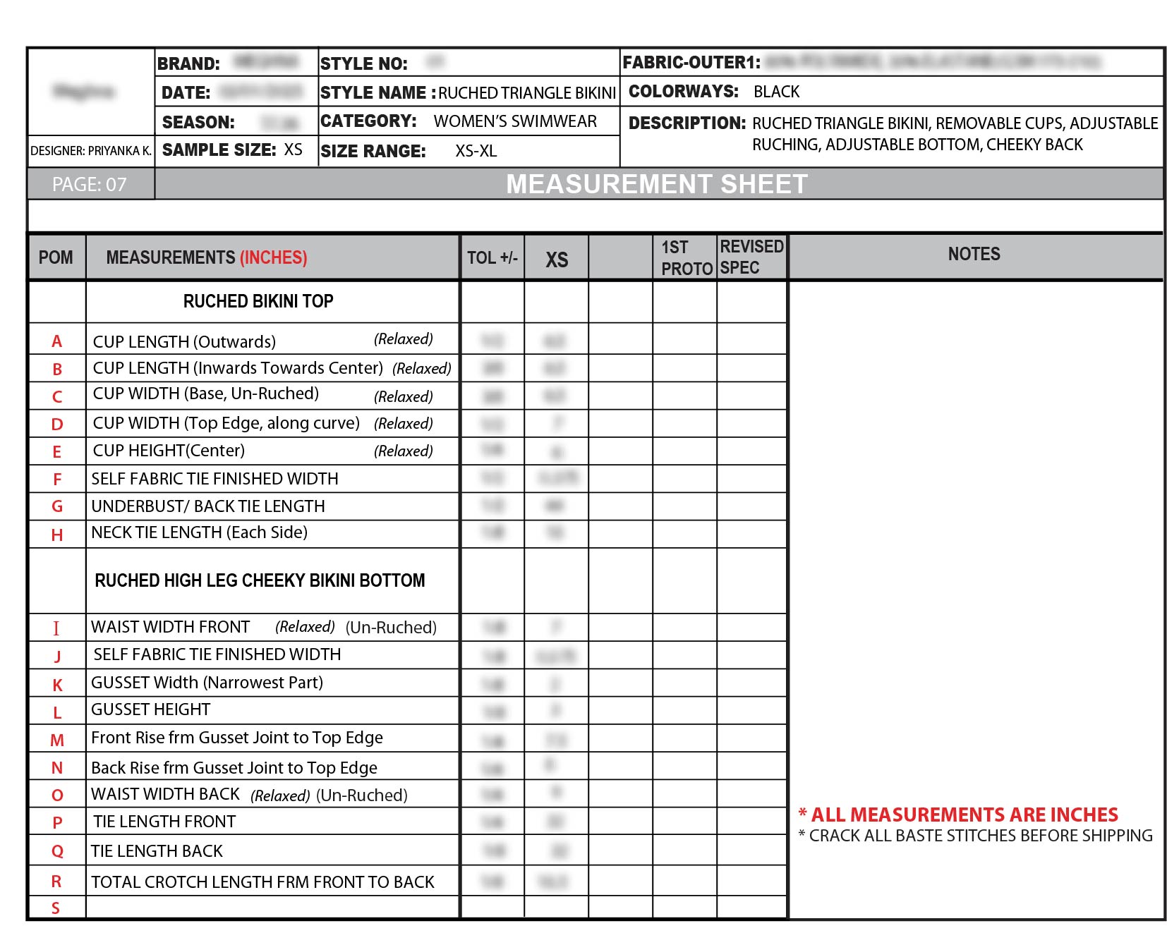 NDA-protected measurement specification sheet for the bikini