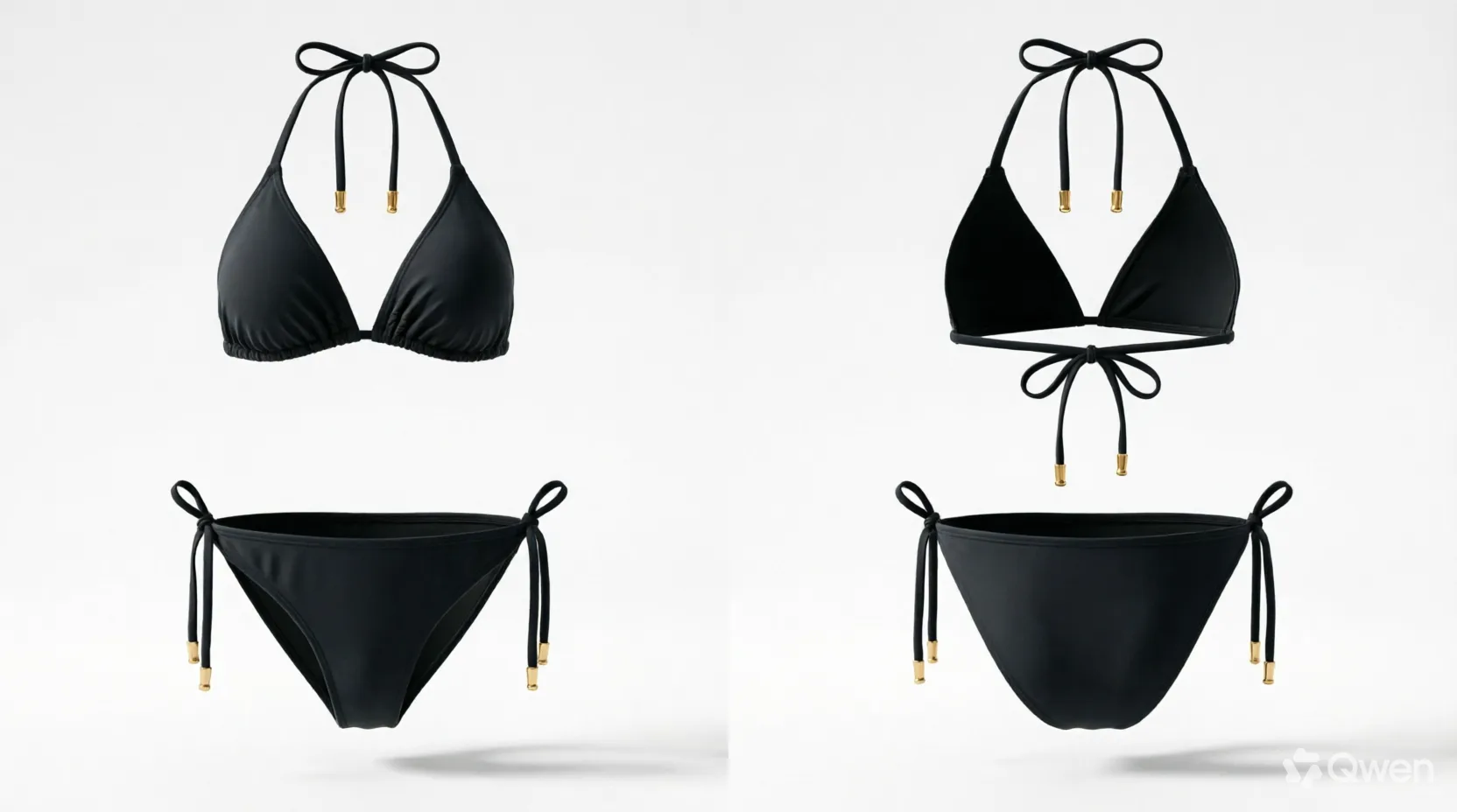 Product visualisation showing front and back views of the black bikini top and bottom