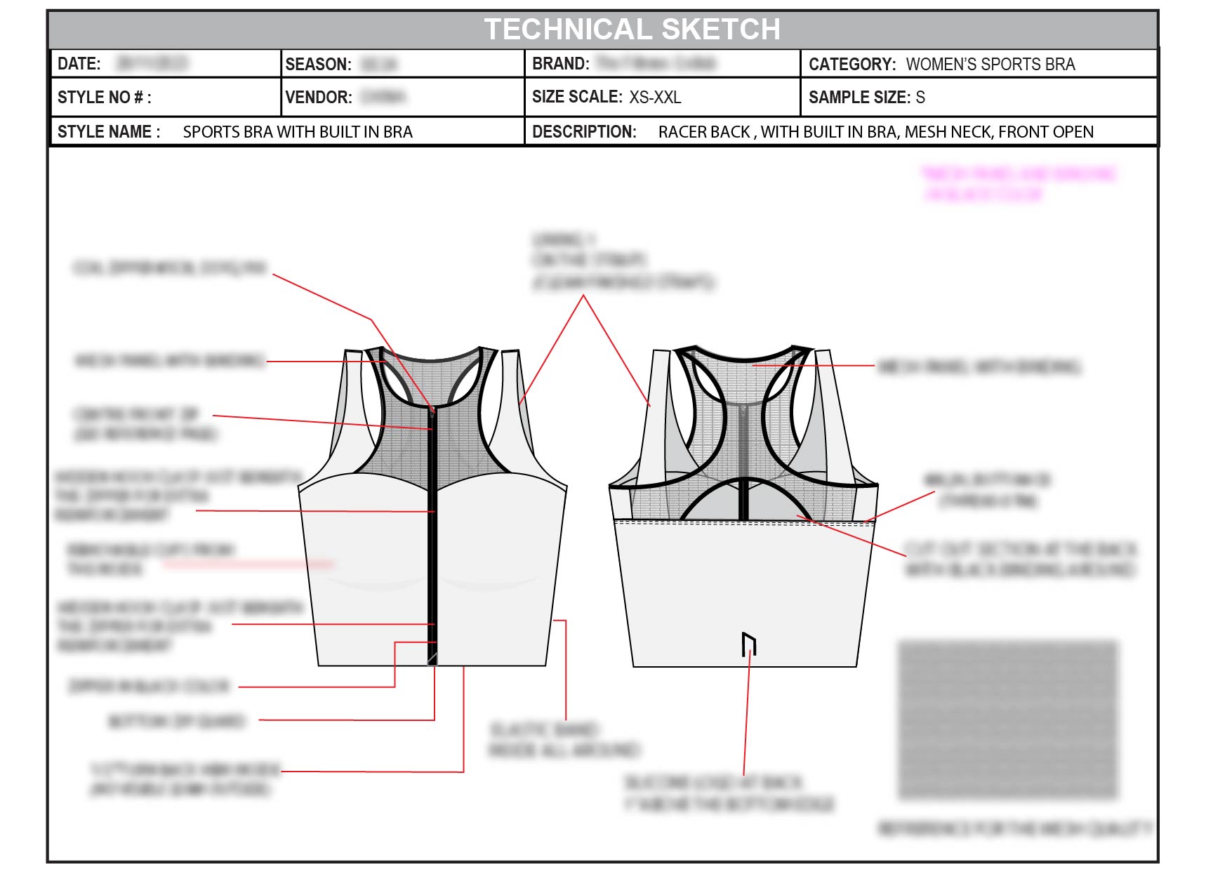 Technical sheet showing exterior front and back construction of the sports bra