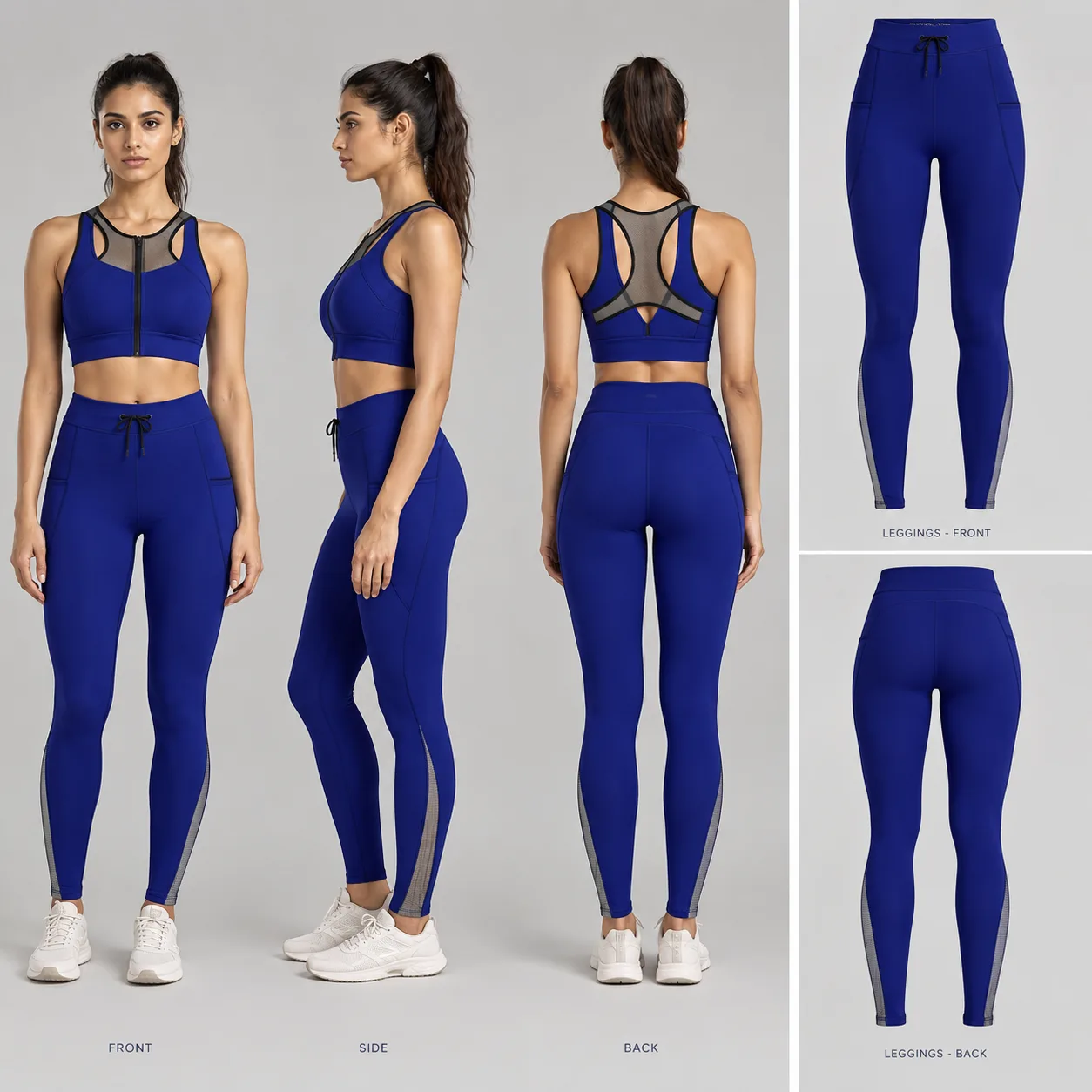 3D visualisation showing coordinated outfit views alongside separate legging views